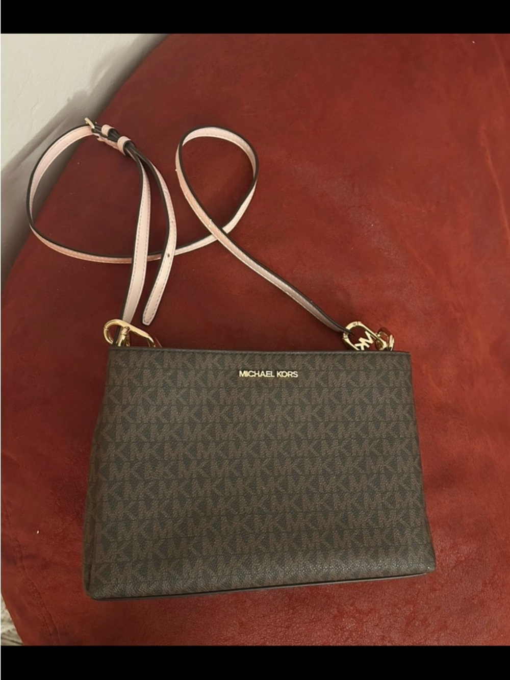 Michael Kors Brown Logo Crossbody with Pale Pink Strap and Gold Hardware